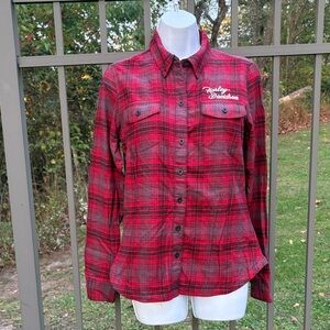 Harley-Davidson Women’s Silver Wing Button Red & Black Plaid Flannel Shirt Small